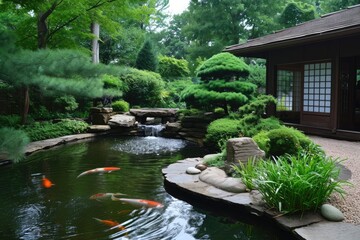 Fototapeta premium A photo of a meticulously designed Japanese garden featuring a serene pond filled with vibrant koi fish, A serene Zen garden with a minimalist aesthetic and a tranquil koi pond, AI Generated