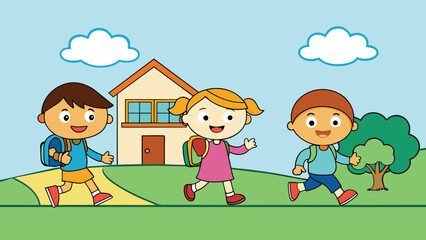 happy cute kids go home from school vector 3.eps