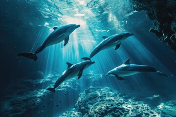Obraz na płótnie Canvas A pod of dolphins gracefully swims through the clea, blue ocean waters, A series of dolphins playfully swimming between the underwater canyons, AI Generated