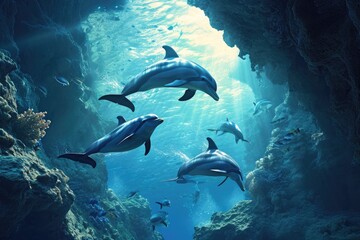 Obraz premium A pod of dolphins gracefully swim through the vibrant blue waters of a coastal cave, A series of dolphins playfully swimming between the underwater canyons, AI Generated