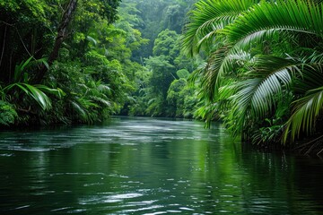 A powerful river cuts through a thick forest, surrounded by towering trees, A shimmering river lined with lush vegetation in the rainforest, AI Generated