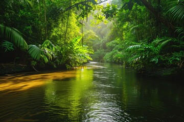A Serpentine River Flowing Through a Dense, Verdant Forest, A shimmering river lined with lush vegetation in the rainforest, AI Generated - obrazy, fototapety, plakaty