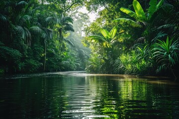 A calm and serene lake is beautifully framed by a dense forest of vibrant green trees, A shimmering river lined with lush vegetation in the rainforest, AI Generated - obrazy, fototapety, plakaty