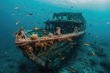 A ship sails in the ocean as a multitude of fish swim around it, A shipwreck teeming with life serving as a makeshift coral reef, AI Generated