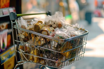 An image of a shopping cart overflowing with a large quantity of coins, A shopping cart filled with commodities showing inflated prices, AI Generated - obrazy, fototapety, plakaty