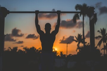 A silhouette of a man holding a bar stands in front of a vibrant sunset, A silhouette of a man doing pull-ups at sunset, AI Generated