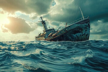 A large ship sails across a vast expanse of water, capturing the grandeur of the open sea, A Sinking ship in an ocean illustrating failing business, AI Generated - obrazy, fototapety, plakaty