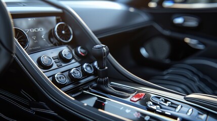Close-up of modern luxury car interior with automatic gear shift stick and multi-function central...