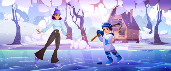 Woman and kid boy skating on ice lake near wooden house in snowy forest. Cartoon vector winter landscape with icy pond, wood cabin, trees and snow on shore, mother and son on skates with hockey stick. - obrazy, fototapety, plakaty