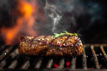 A perfectly cooked steak sizzling on a grill, emitting flavorful smoke as it sears, A sizzling steak on a barbecue grill with a smoky background, AI Generated - obrazy, fototapety, plakaty