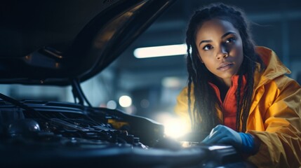 A mechanic is an African-American woman in a uniform inspecting the hood of a car with a flashlight in an auto repair shop in the evening. Business, Auto Repair, Maintenance, Car Repair concepts.
