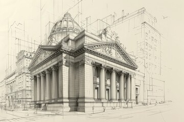 A detailed drawing of a building featuring elegant columns and a grand dome, A sketch of a traditional stock exchange building, AI Generated