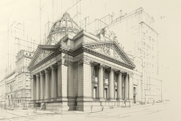 Fototapeta premium A detailed drawing of a building featuring elegant columns and a grand dome, A sketch of a traditional stock exchange building, AI Generated
