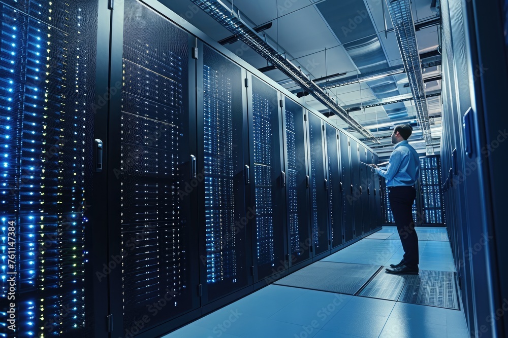 Poster a man stands in front of a server in a busy data center, surrounded by rows of computer equipment an