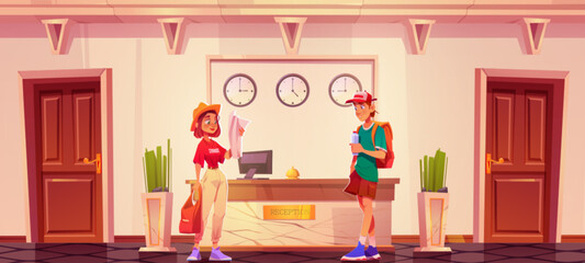 Hotel reception with registration desk, clocks on wall, wooden doors and two young tourists waiting for receptionist. Cartoon vector man and woman tourists standing in accommodation register lobby. - obrazy, fototapety, plakaty