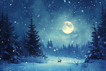 A detailed painting depicting a snowy night in a forest, with a deer standing amidst the wintry landscape, A snowy Christmas Eve landscape with reindeer in the night sky, AI Generated