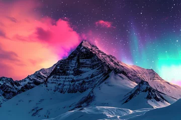 Foto op Canvas A majestic mountain covered in snow stands tall, contrasting with the vibrant colors of the sky, A snowy mountain peak under the kaleidoscope colors of the Northern Lights, AI Generated © Iftikhar alam