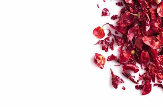 Pile of Dried Red Rose Petals on White Background