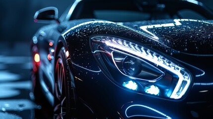 Close-up of of a modern sports car headlight. Front view of a supercar in a night city street....