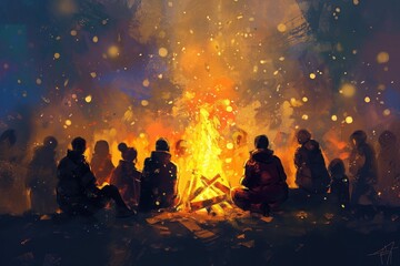 Group of People Sitting Around a Campfire in the Wilderness at Night, A soft and warm artistic rendition of people gathered around a bonfire on Thanksgiving evening, AI Generated