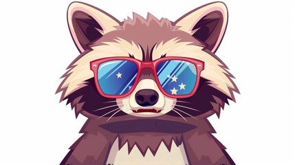 Funny cool raccoon character in star sunglasses. Sassy comic fashion raccoon in sunglasses. Cheeky funky mammal. Childish flat modern illustration isolated on white.