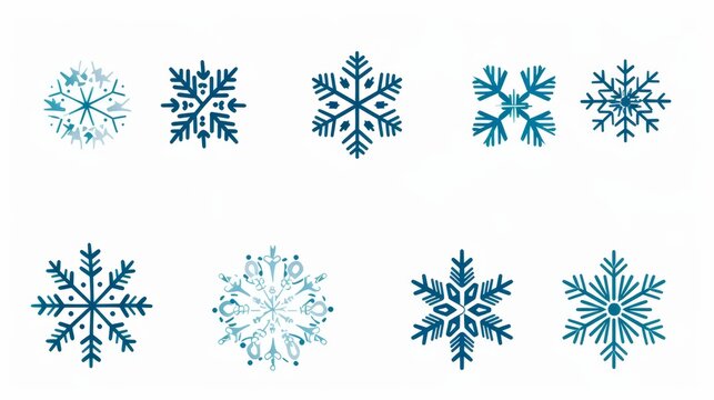 Icon set of snowflakes. Winter snowflakes, design element. Iced cold crystal ornaments for Christmas holidays. Icy line symbols, decorations. Flat graphic modern illustrations isolated on white