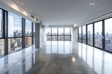 Spacious Room With Floor-to-Ceiling Windows Overlooking Cityscape, A spacious and minimalist office space with a spectacular city view, AI Generated