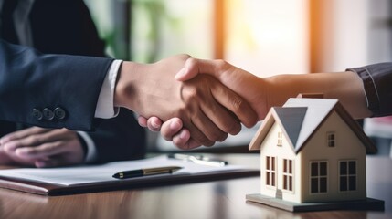 lease, rental and selling home. Dealership manager handshake customer to the new homeowner. rent house, Sales, loan credit financial, insurance, Seller, deale - obrazy, fototapety, plakaty