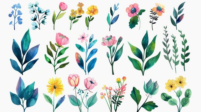A colorful floral set of leaves and flowers drawn in watercolor. Perfect as an invitation, wedding invitation, or greeting card design.