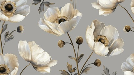 Modern illustration of gold Anemone flowers on a gray background. Seamless pattern.