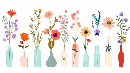 The collection of wild and garden blooming flowers in vases and bottles isolated on white background. Bundle of bouquets. Set of decorative floral design elements. Modern flat cartoon illustration. - obrazy, fototapety, plakaty