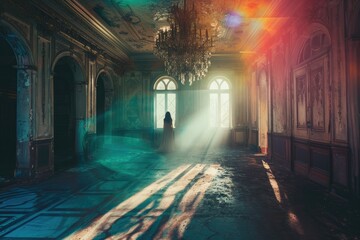 A person stands with a chandelier hanging from the ceiling in a well-lit room, A spectral image of a lady haunting an abandoned manor's opulent ballroom, AI Generated