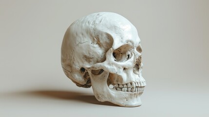 Detailed 3D rendering of a human skull over light grey background with copy space. Medical and anthropological concept. Anatomy study, medical research.