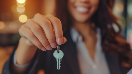 A woman holding keys in her hand represents business, home, and love