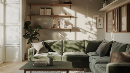 Contemporary Scandinavian Charm, Modern Living Room Featuring Green Corner Sofa and Shelving Unit