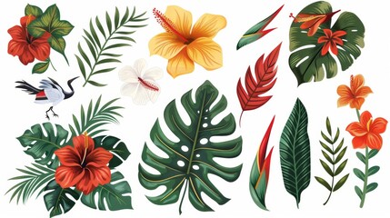Isolated tropical flowers and leaves on a white background. Modern design. - obrazy, fototapety, plakaty