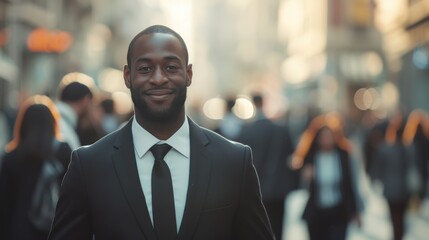 portrait of a handsome smiling young businessman boss in a black suit walking on a city street to his company office. blurry street background, confident - obrazy, fototapety, plakaty