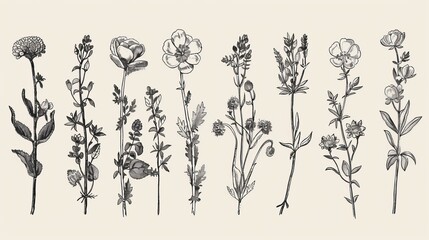 A set of botanical illustrations in the style of engravings depicting herbs and wild flowers.