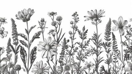 Herbs and wildflowers with a seamless floral border. Botanical illustration engraving style.