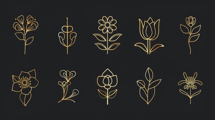 This set of modern logo design templates is in a trendy linear style with leaves and flowers. The signs are made of gold foil with black background and are suitable for luxury products, florist - obrazy, fototapety, plakaty