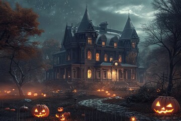 Fototapeta na wymiar A captivating image featuring a sizeable house adorned with multiple pumpkins displayed prominently in the foreground, A spooky Victorian manor on Halloween night, AI Generated