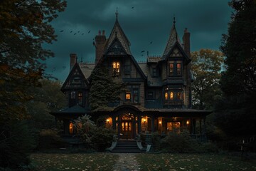 A haunting picture of a house with a menacing appearance, characterized by numerous windows, situated in a desolate and ominous environment, A spooky Victorian manor on Halloween night, AI Generated