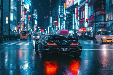 Fototapeta na wymiar A sleek black sports car speeds down a bustling city street, capturing the excitement of fast-paced urban life, A sports car blending into the rush of a city night, AI Generated