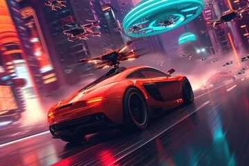 A car with bright headlights drives at high speed through a technologically advanced city during the nighttime, A sports car being chased by futuristic drones, AI Generated