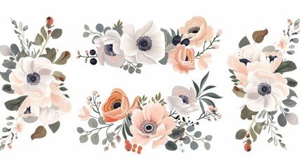 Floral bunch, modern boho design object, element. Peach, creamy pale pink Anemone Poppy Rose flowers, berry, Eucalyptus herb mix rustic floral elegant wedding card.