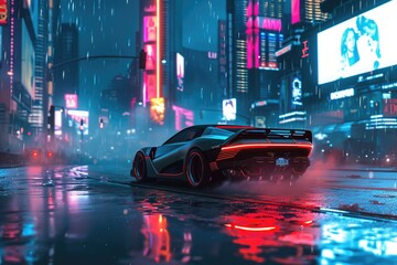 A sleek, high-tech vehicle with futuristic design and cutting-edge features drives through a busy cityscape illuminated by neon lights, A sports car crossing a vibrant cityscape, AI Generated