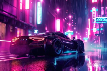 A sleek, futuristic car drives down a brightly lit city street at night, showcasing its modern...