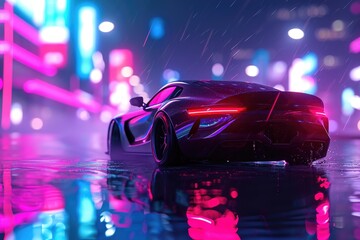 A car is parked on a city street, enduring the rain, A sports car gleaming under neon city lights, AI Generated