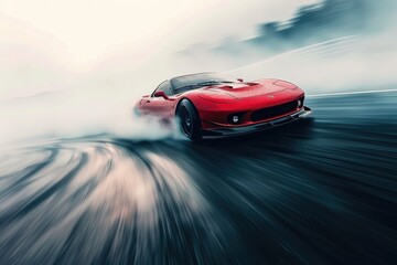 A red sports car zooms down a busy urban road, showcasing its speed and sleek design, A sports car...