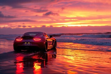 Fototapeta na wymiar A sports car races along the sandy beach as the vibrant colors of the sunset paint the sky, A sports car moving on the beach during sunset, AI Generated